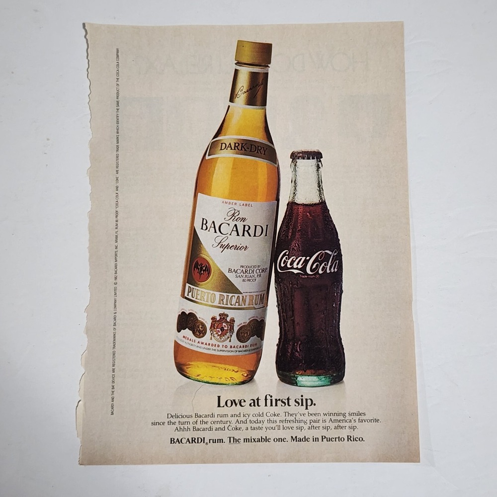 Vintage Print Ad Bacardi rum and Coke Love at First Sip clipping 1983 8x10.5